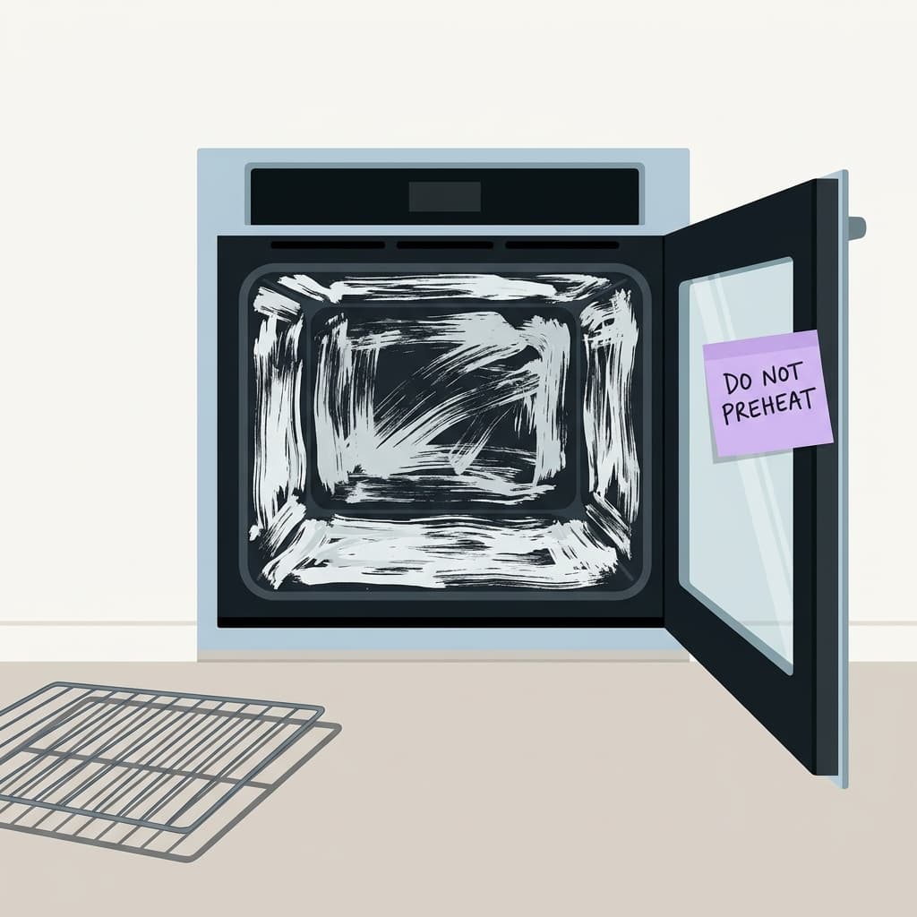An open oven coated in baking soda paste with a sticky note warning on the door
