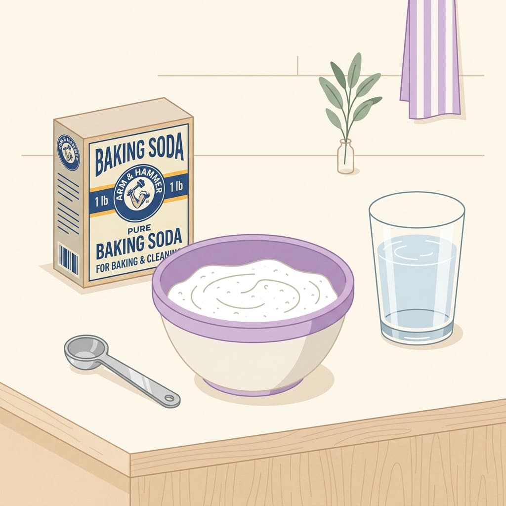 A mixing bowl with white baking soda paste and a measuring spoon