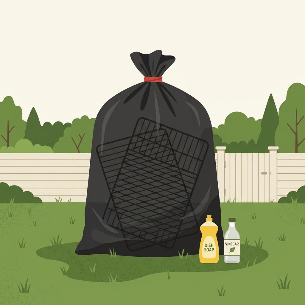 Oven racks inside a sealed black trash bag sitting in the yard