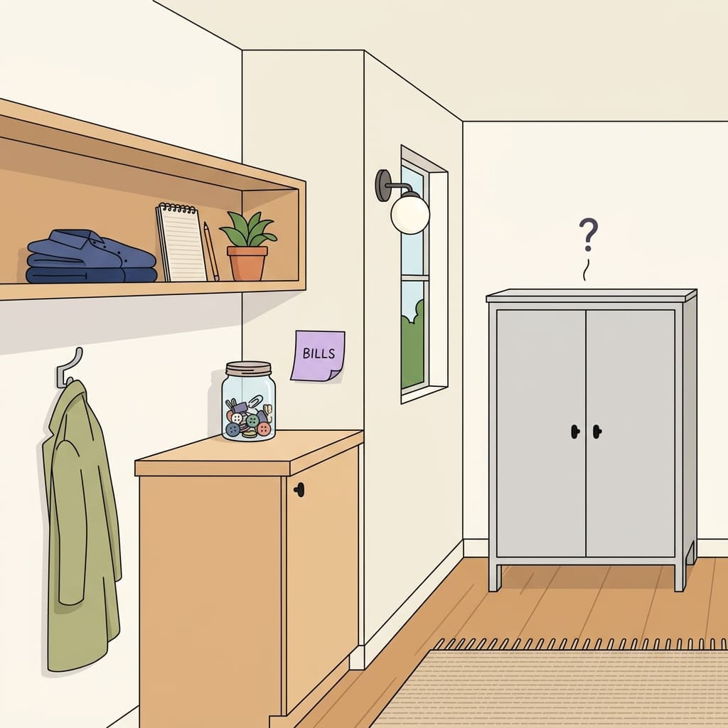 An open shelf with visible items next to a closed cabinet with a question mark