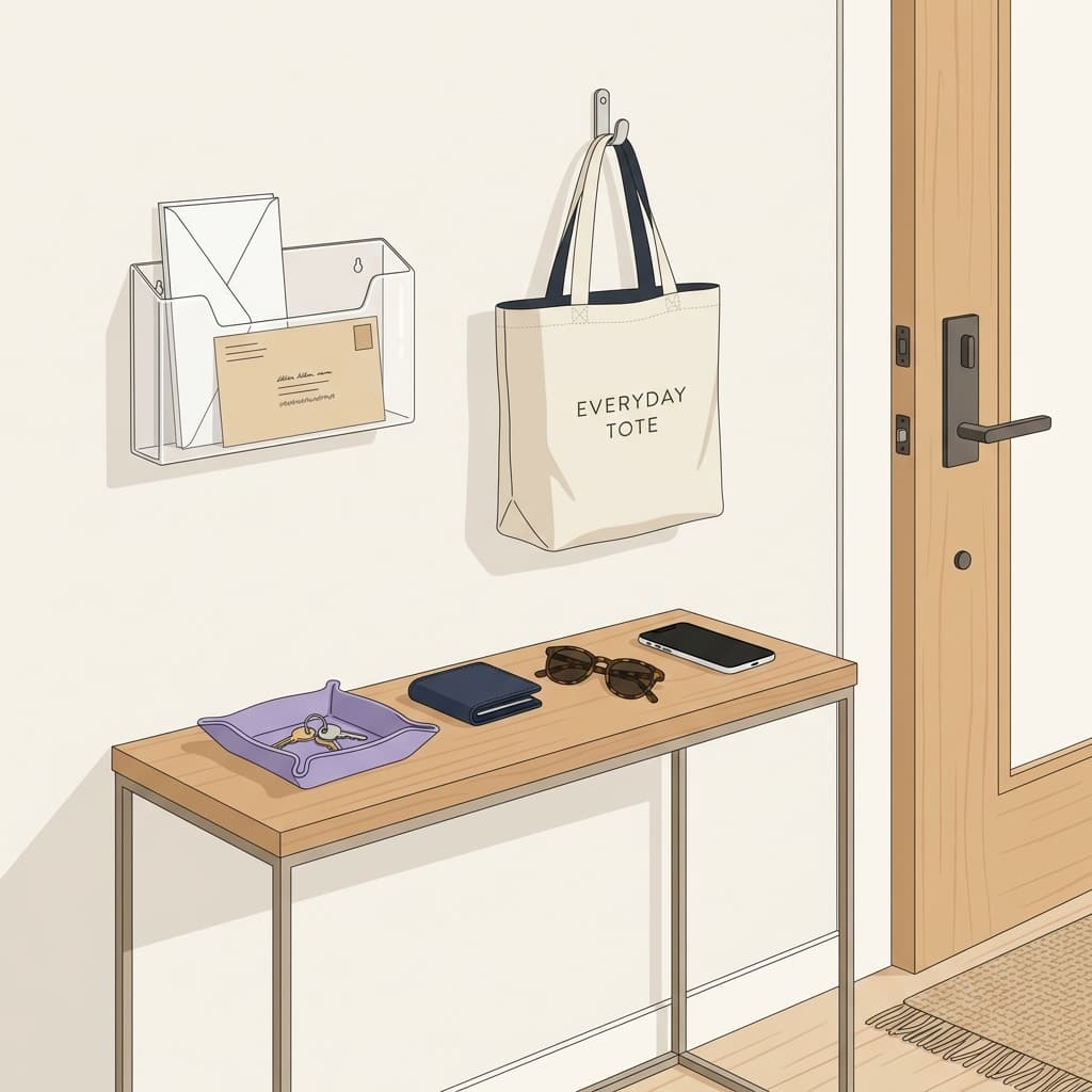 An entryway launch pad with keys, wallet, phone, and hanging tote bag
