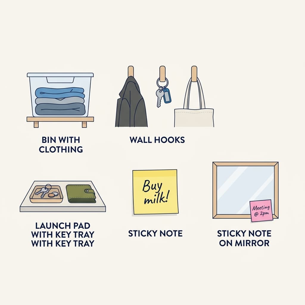 Five visible storage systems including clear bins, hooks, and sticky notes
