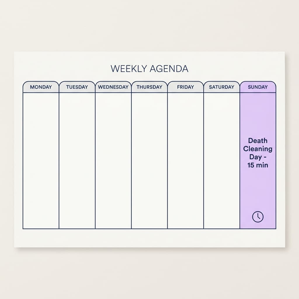 Weekly calendar grid with one day highlighted for 15 minutes of death cleaning