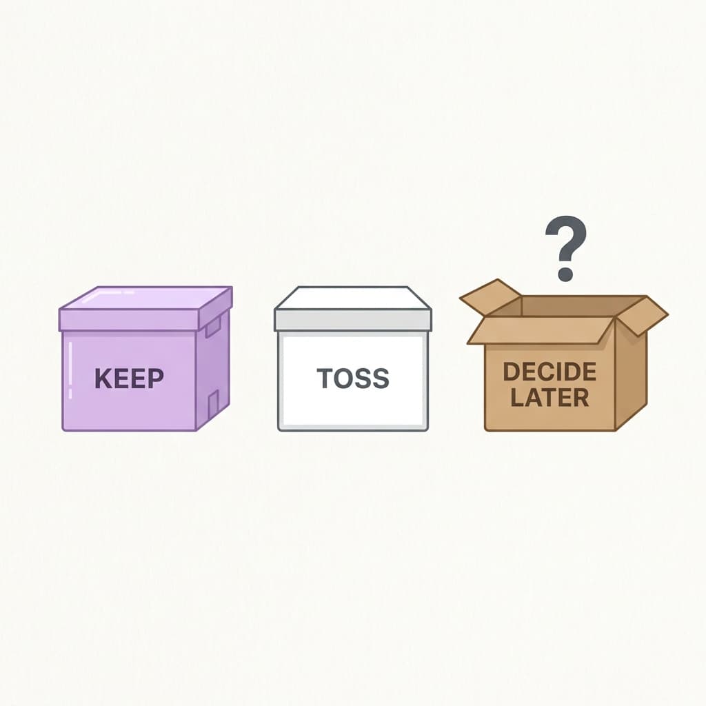 Three labeled boxes on a clean background: KEEP, TOSS, and DECIDE LATER