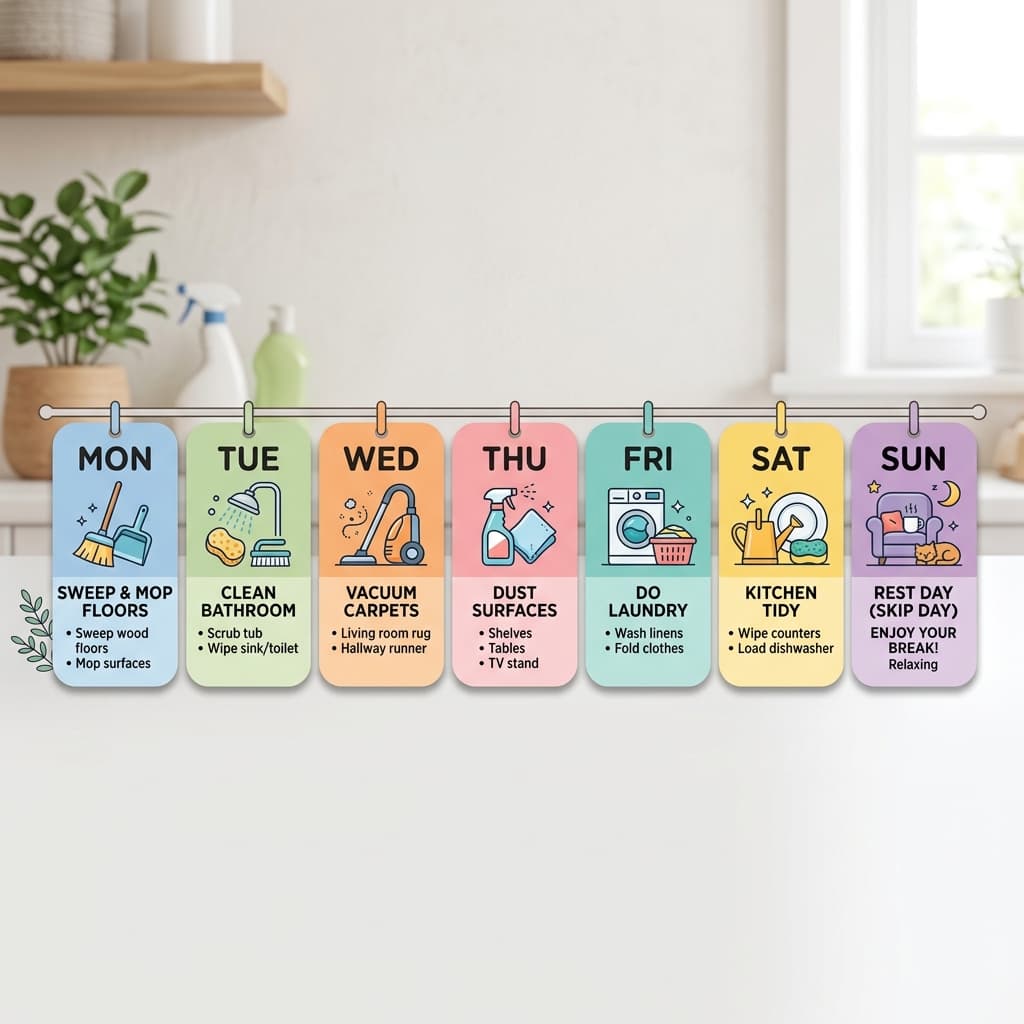 Illustration of seven small rounded cards representing a weekly cleaning schedule with one skip day