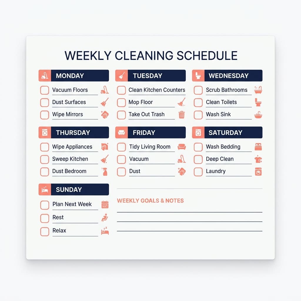 Flat minimal illustration of a simple weekly cleaning schedule template