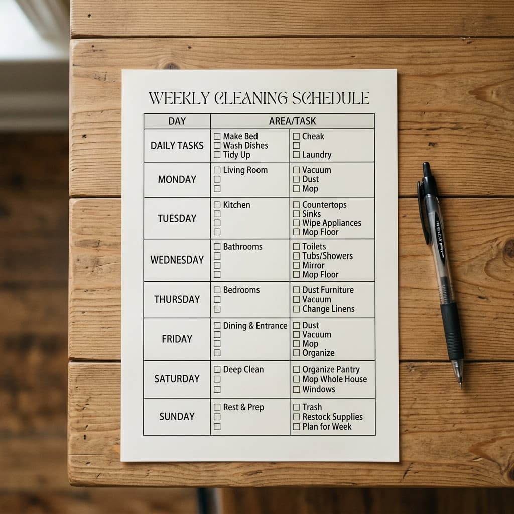 Vertical mockup of a printed one-page weekly cleaning schedule template on a desk