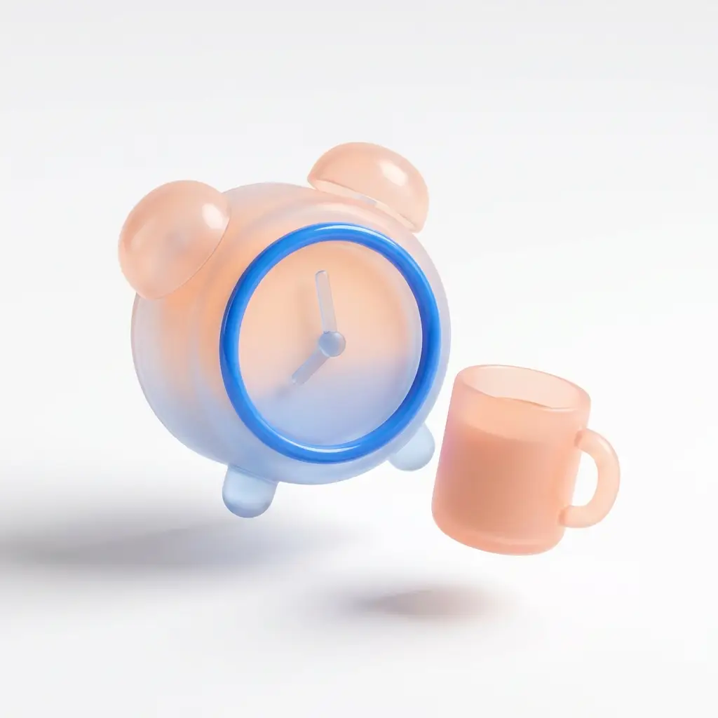 Soft 3D render of a frosted glass alarm clock and coffee mug