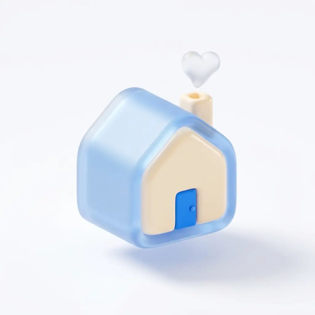 Soft 3D render of a frosted glass house with a blue door