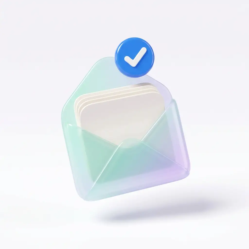 Soft 3D render of a frosted glass envelope with a blue checkmark