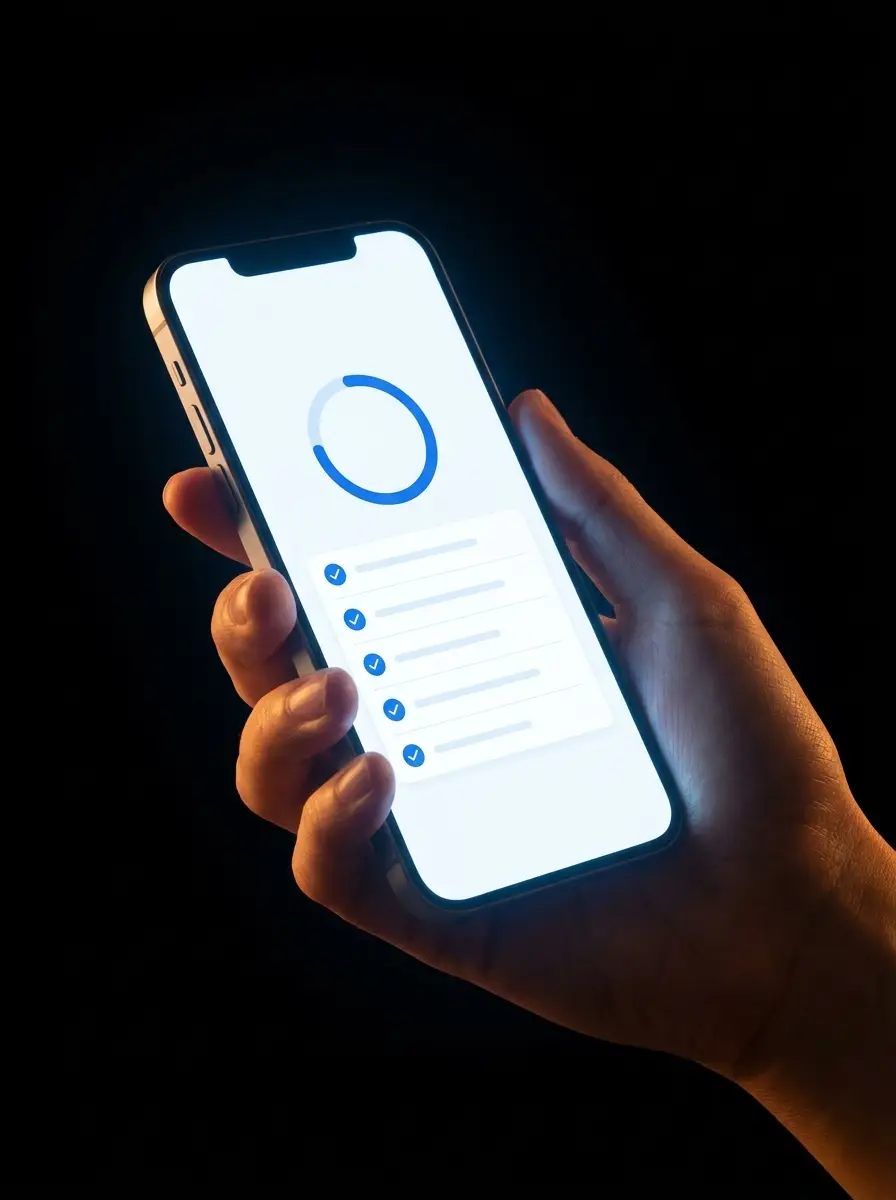 A hand holding a glowing phone running doneful in the dark