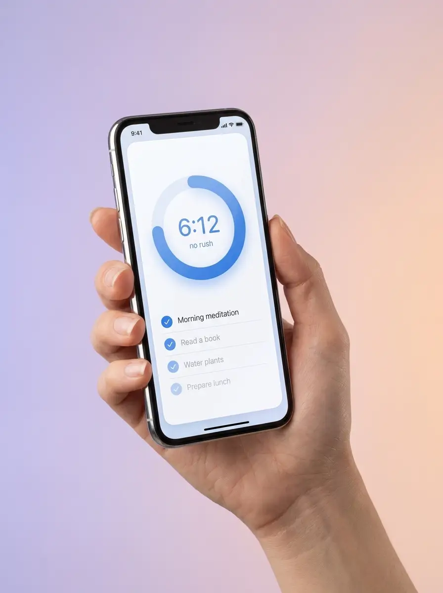 A hand holding a phone running doneful: a soft blue timer ring above a short checklist