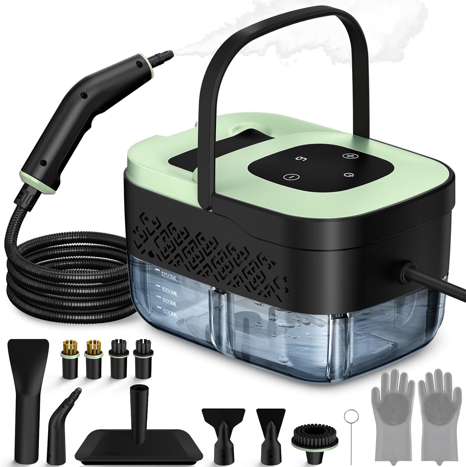 Handheld steam cleaner with accessories on a table