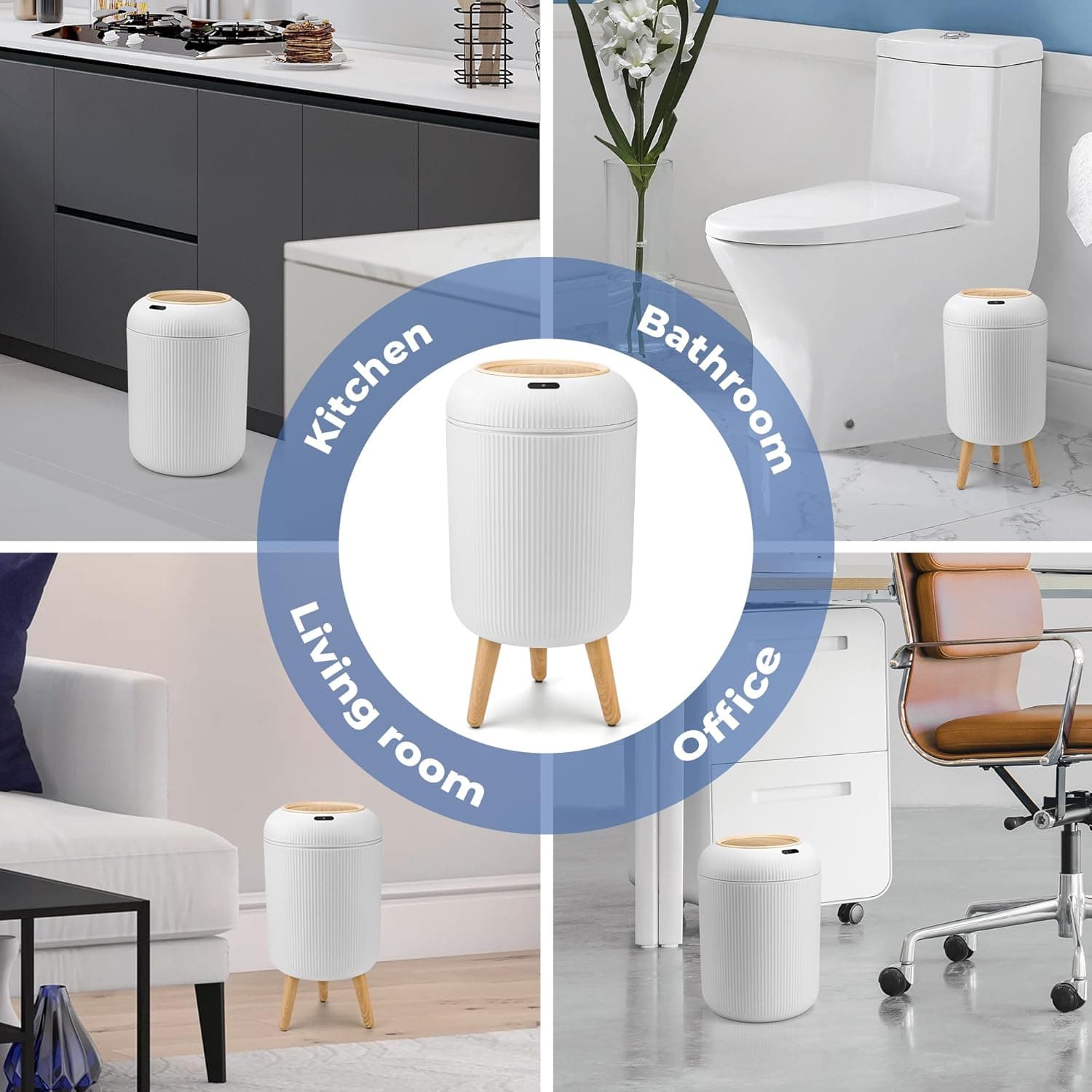 Pukomc Smart Sensor Trash Can shown in kitchen bathroom living room and office settings